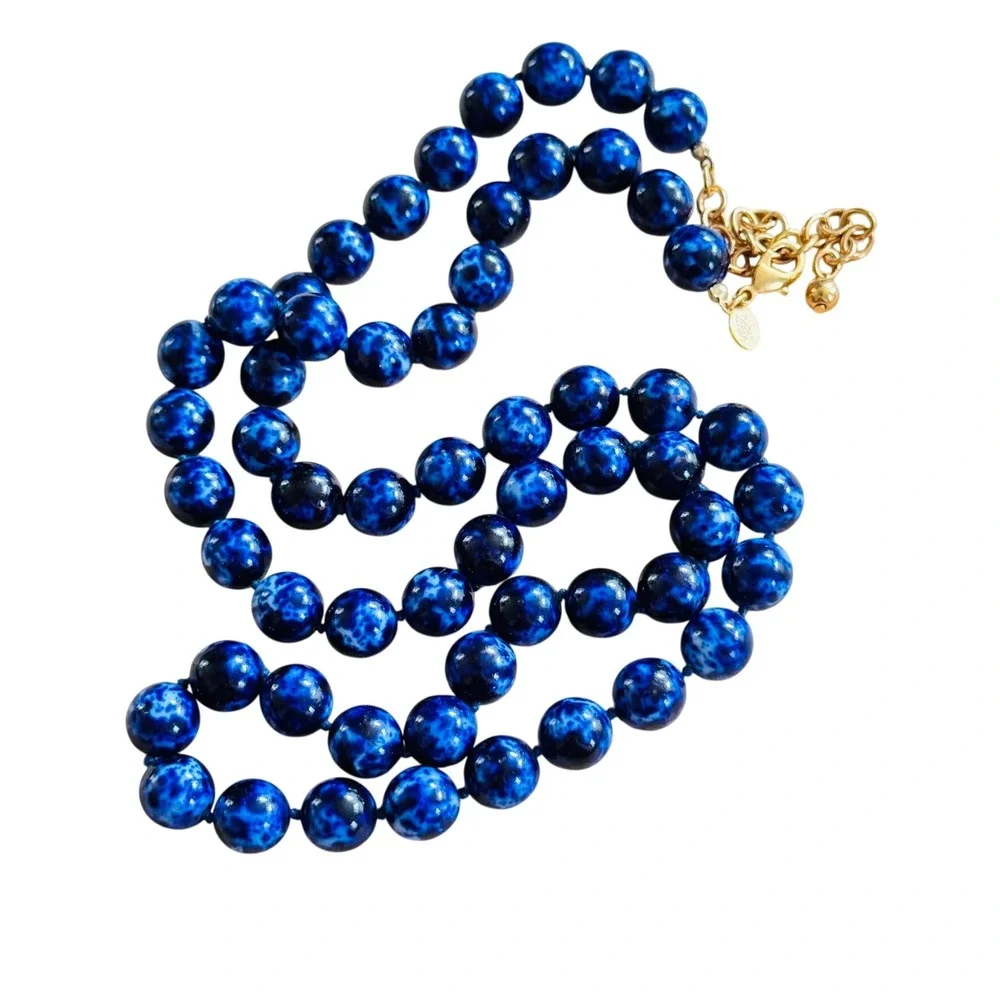 VTG‎ Joan Rivers Classic Blue Glass Beaded Elegant Necklace Gold Plated Signed